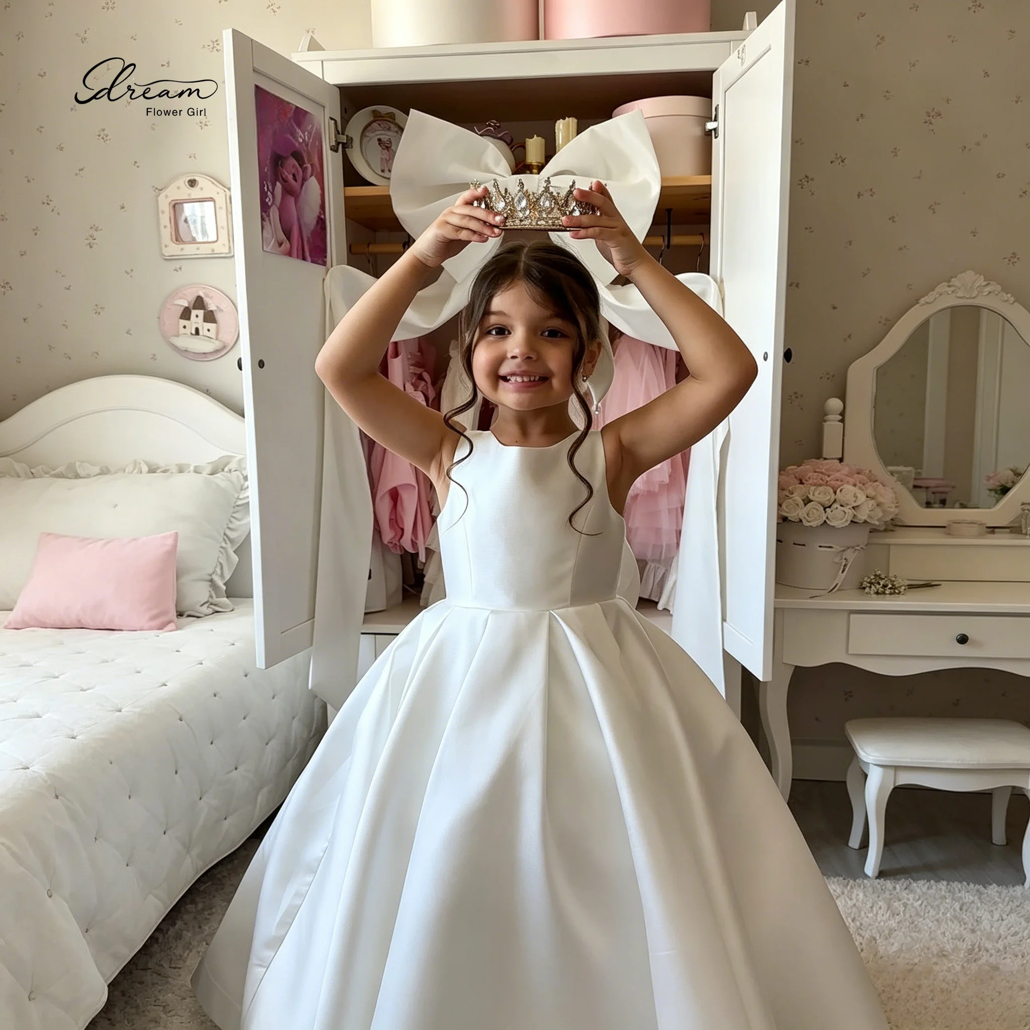 White Satin Sleeveless Floor Length Ball Gown Formal Children's Dress with Open Back and Large Bow Design
White Satin Sleeveless Floor Length Ball Gown Formal Children's Dress with Open Back and Large Bow Design