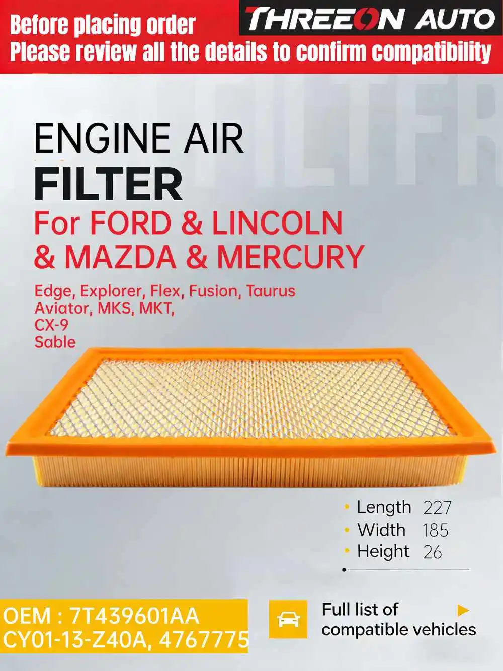 For FORD Explorer (U5 U6) EcoBoost Edge (U387) 2.0 3.5 Flex Taurus THREEON Air Filter TOA9350 7T4Z-9601-A 7T439601AA CA10242
For FORD Explorer (U5 U6) EcoBoost Edge (U387) 2.0 3.5 Flex Taurus THREEON Air Filter TOA9350 7T4Z-9601-A 7T439601AA CA10242