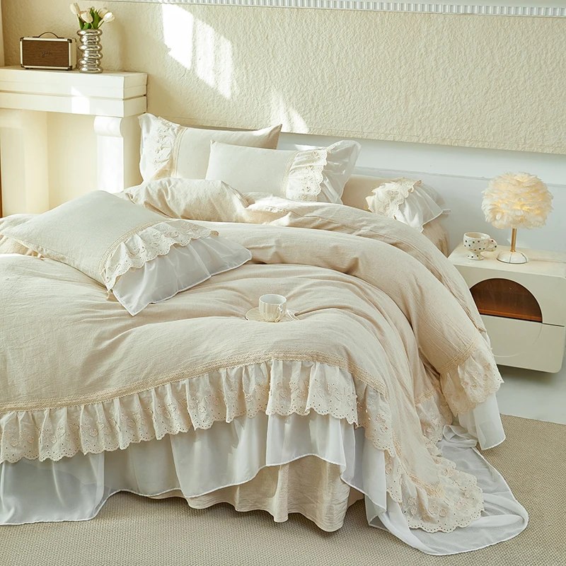 Cotton Linen Blend Vintage French Style Double Layer Lace Ruffles Princess Bedding Set Duvet Cover, Bed Skirt, Pillowcases, 4Pcs
Cotton Linen Blend Vintage French Style Double Layer Lace Ruffles Princess Bedding Set Duvet Cover, Bed Skirt, Pillowcases, 4Pcs
