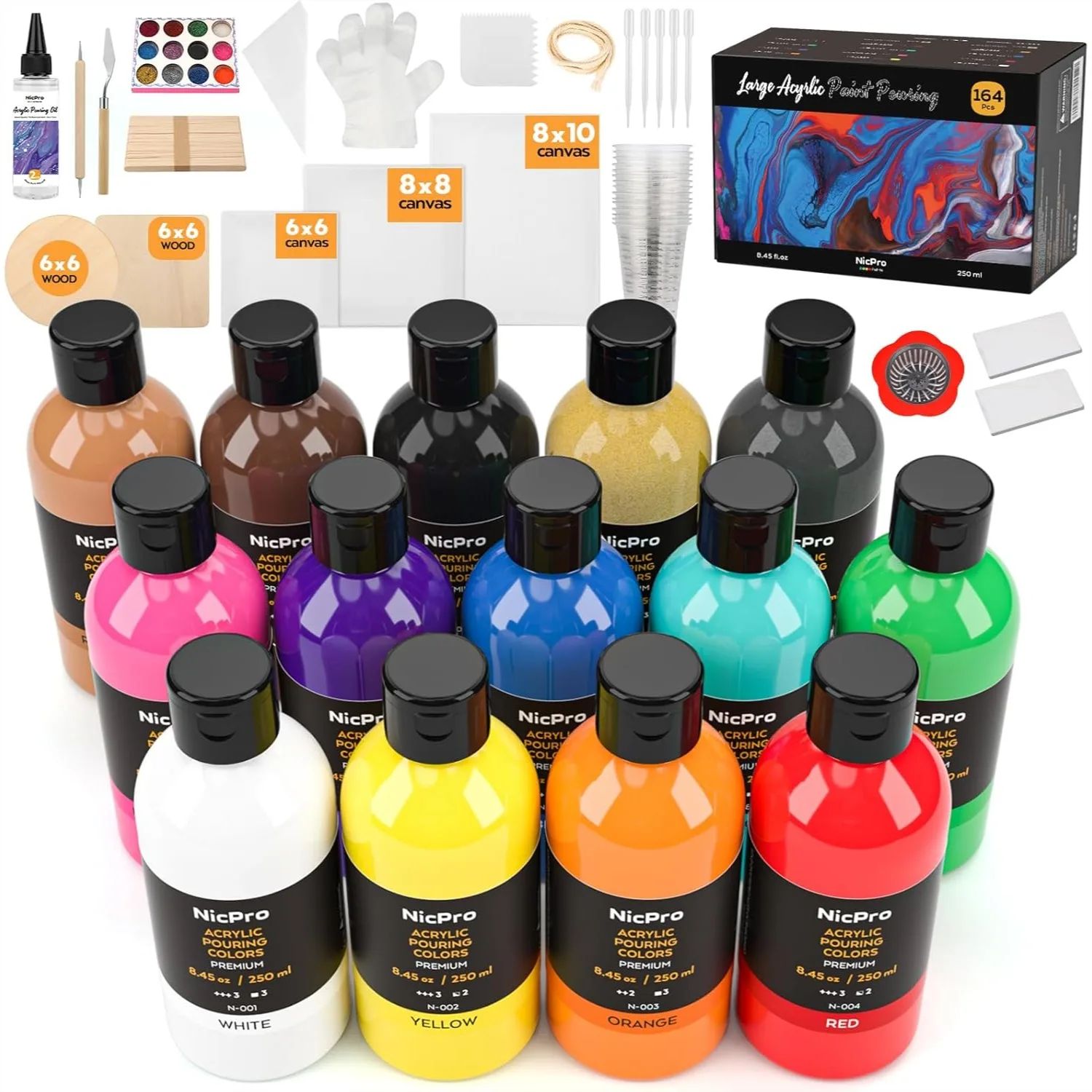 Acrylic Pour Paint Kit 14 Colors 8.45oz Premixed High Flow Set with Canvas, Wood Slices, Pouring Oil, Tools for Beginners
Acrylic Pour Paint Kit 14 Colors 8.45oz Premixed High Flow Set with Canvas, Wood Slices, Pouring Oil, Tools for Beginners