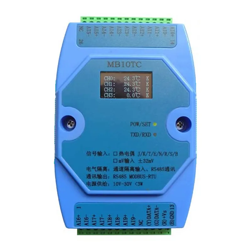The Thermocouple Acquisition Module Supports 8 Kinds Of Thermocouples, 10 Way Temperature Acquisition Module Modbus RS485.
The Thermocouple Acquisition Module Supports 8 Kinds Of Thermocouples, 10 Way Temperature Acquisition Module Modbus RS485.