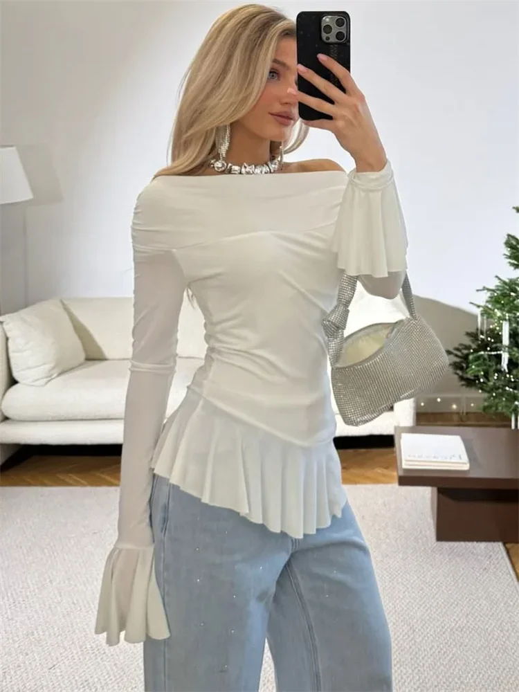 White Ruffled Fashion T-shirt Top Women Long Sleeve Solid Backless Patchwork Slim Summer 2025 Casual Pullover Y2k Tee Top
White Ruffled Fashion T-shirt Top Women Long Sleeve Solid Backless Patchwork Slim Summer 2025 Casual Pullover Y2k Tee Top