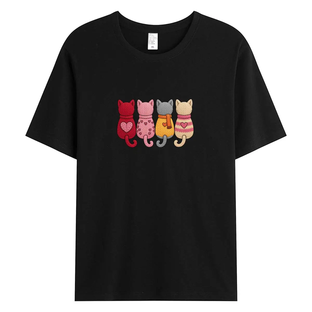 Women's T-Shirt with Cute Knitted Cat Print, Four Colorful Cats in Sweaters, Heart Pattern, Casual Daily Top
Women's T-Shirt with Cute Knitted Cat Print, Four Colorful Cats in Sweaters, Heart Pattern, Casual Daily Top