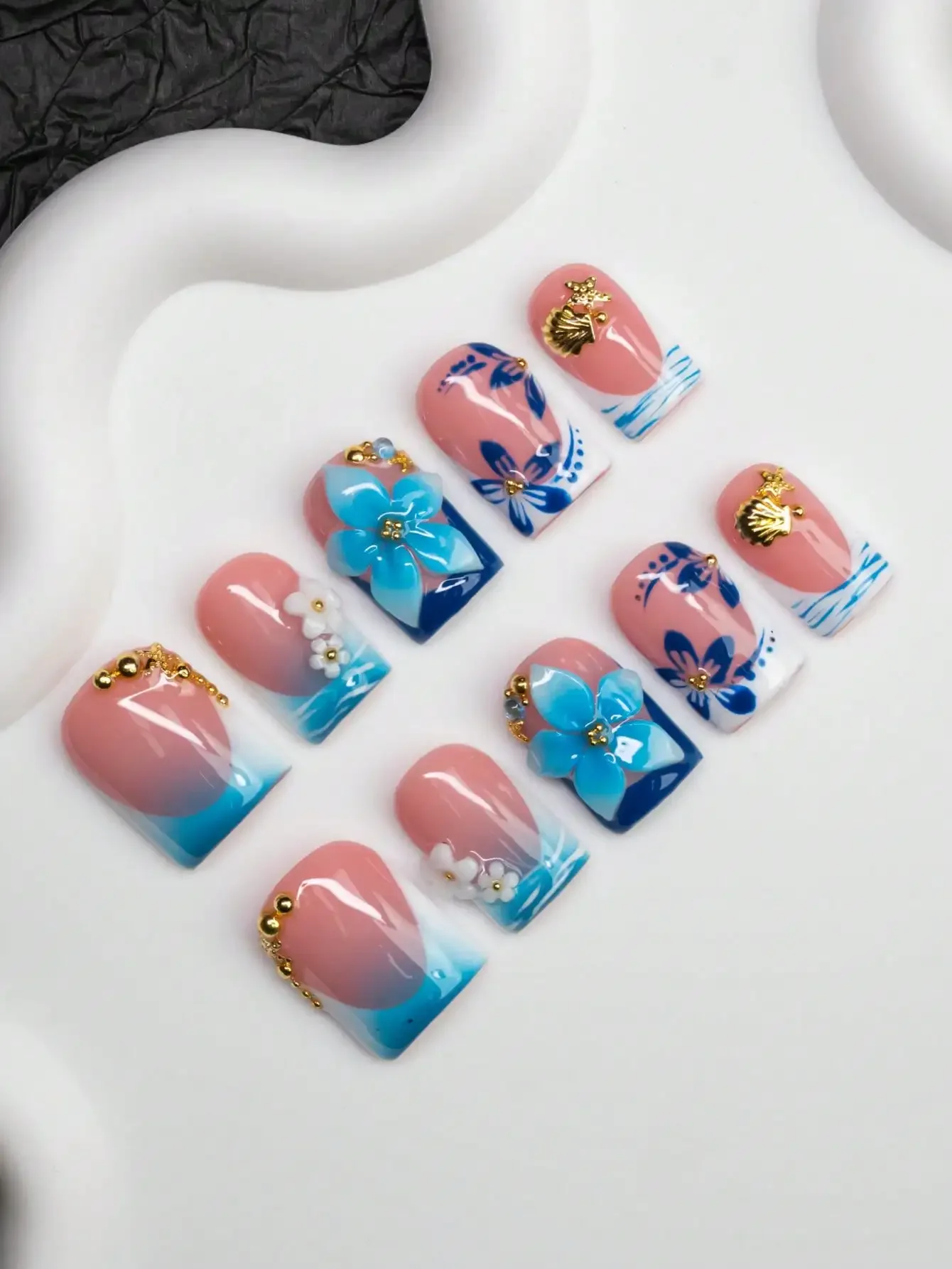 10pcs Square Shaped Handmade Nail Tips, Y2K Baddie Style, Nude, White, Blue Nail Plates With French Edge, Carved Flowers, Beads,
10pcs Square Shaped Handmade Nail Tips, Y2K Baddie Style, Nude, White, Blue Nail Plates With French Edge, Carved Flowers, Beads,