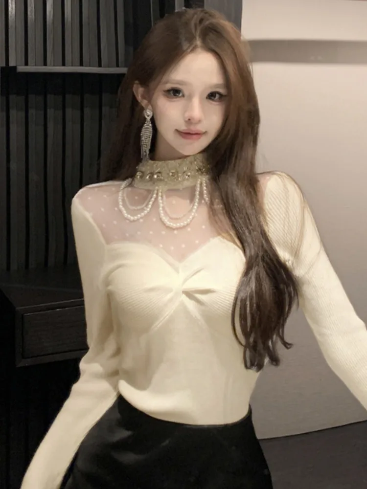 Elegant Mesh Splice Hollow out Long Sleeve Knitted Top Women's Spring Autumn New Style Stand Collar Pleated Base Shirt
Elegant Mesh Splice Hollow out Long Sleeve Knitted Top Women's Spring Autumn New Style Stand Collar Pleated Base Shirt
