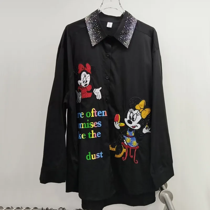 Тяжелая промышленность, осень 2023, новая свободная рубашка средней длины с мультяшной вышивкой и стразами, корейский стиль, универсальная рубашка средней длины для 
Тяжелая промышленность, осень 2023, новая свободная рубашка средней длины с мультяшной вышивкой и стразами, корейский стиль, универсальная рубашка средней длины для