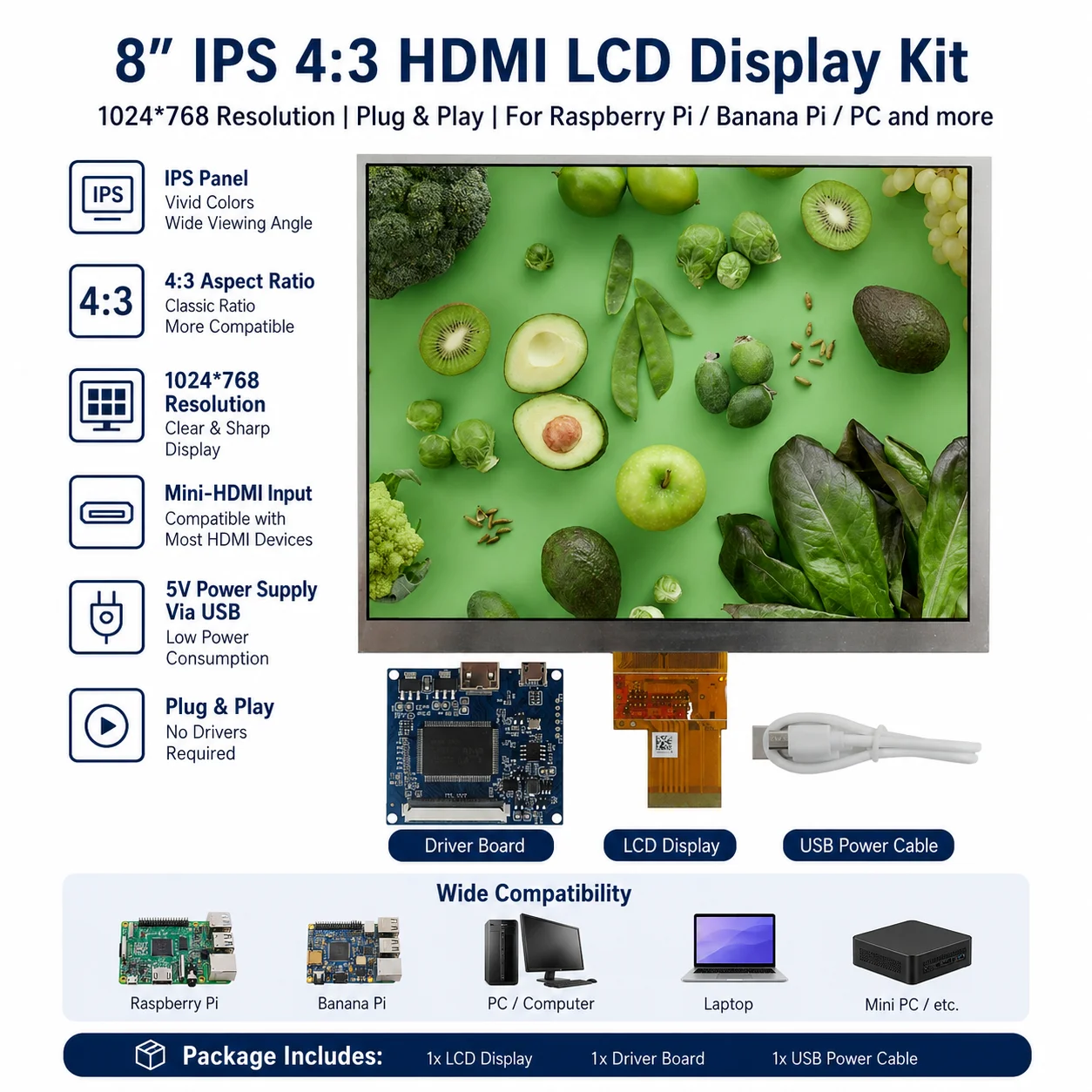 8 Inch IPS LCD Screen Display And Driver Control Board Mini HDMI-Compatible For DIY Lattepanda,Raspberry Pi PC Monitor