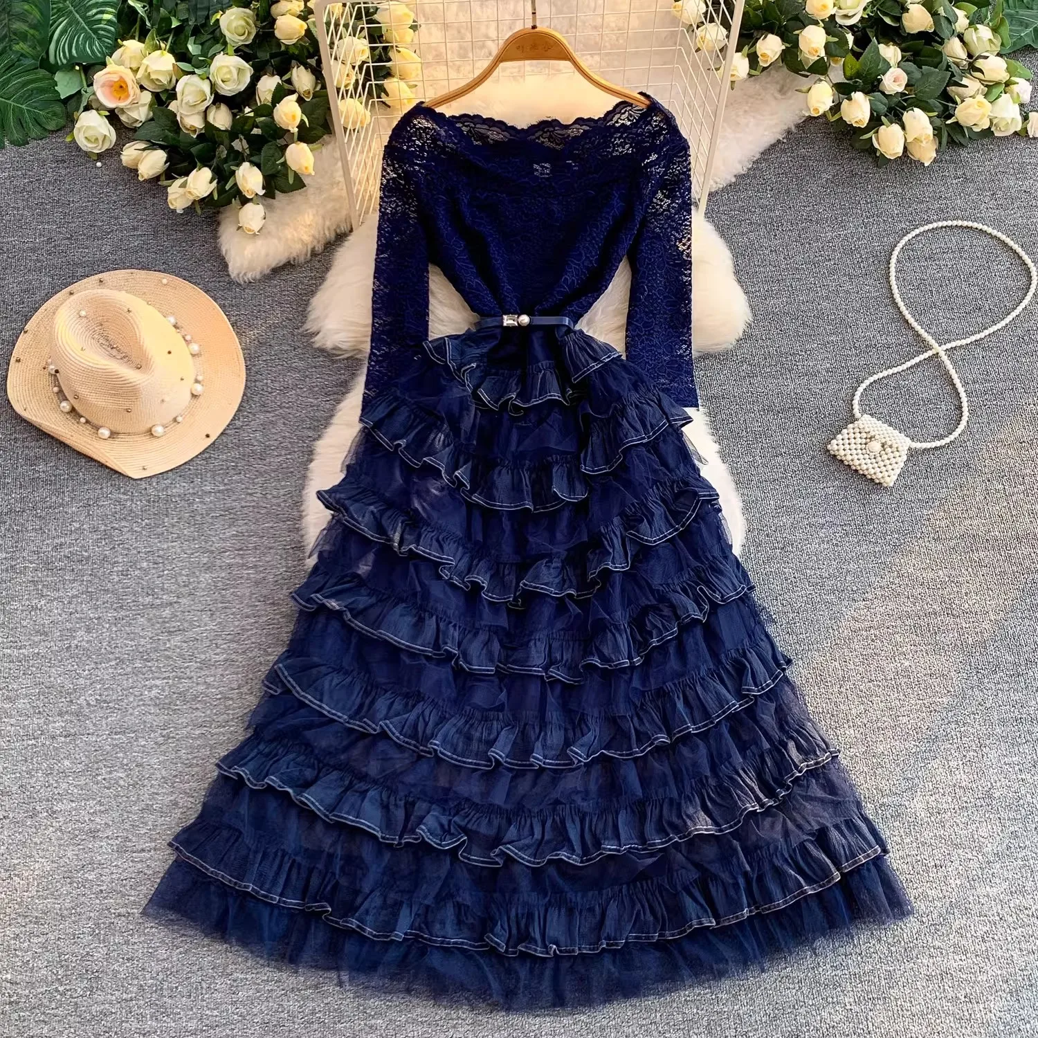 Solid Patchwork Embroidery Cascarding Ruffles Long Dress For Women Slash Neck Lace Hollow Out Office Work Dress Female Clothing
Solid Patchwork Embroidery Cascarding Ruffles Long Dress For Women Slash Neck Lace Hollow Out Office Work Dress Female Clothing