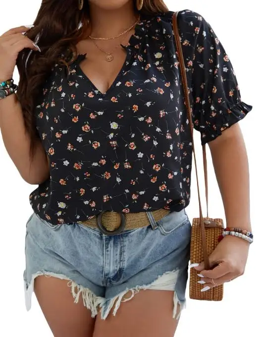 Plus Size Woman Tops Temperament Commuting Print V-Neck Short Sleeved T-Shirt Floral Print Ruffled Bubble Sleeves Slim Fit Tops
Plus Size Woman Tops Temperament Commuting Print V-Neck Short Sleeved T-Shirt Floral Print Ruffled Bubble Sleeves Slim Fit Tops