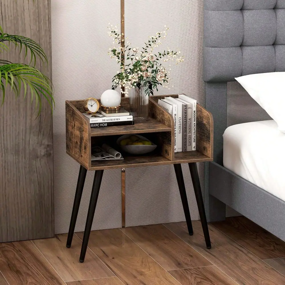 Mid Century Modern End Table With Open Shelves Metal Support Legs For Bedroom
Mid Century Modern End Table With Open Shelves Metal Support Legs For Bedroom
