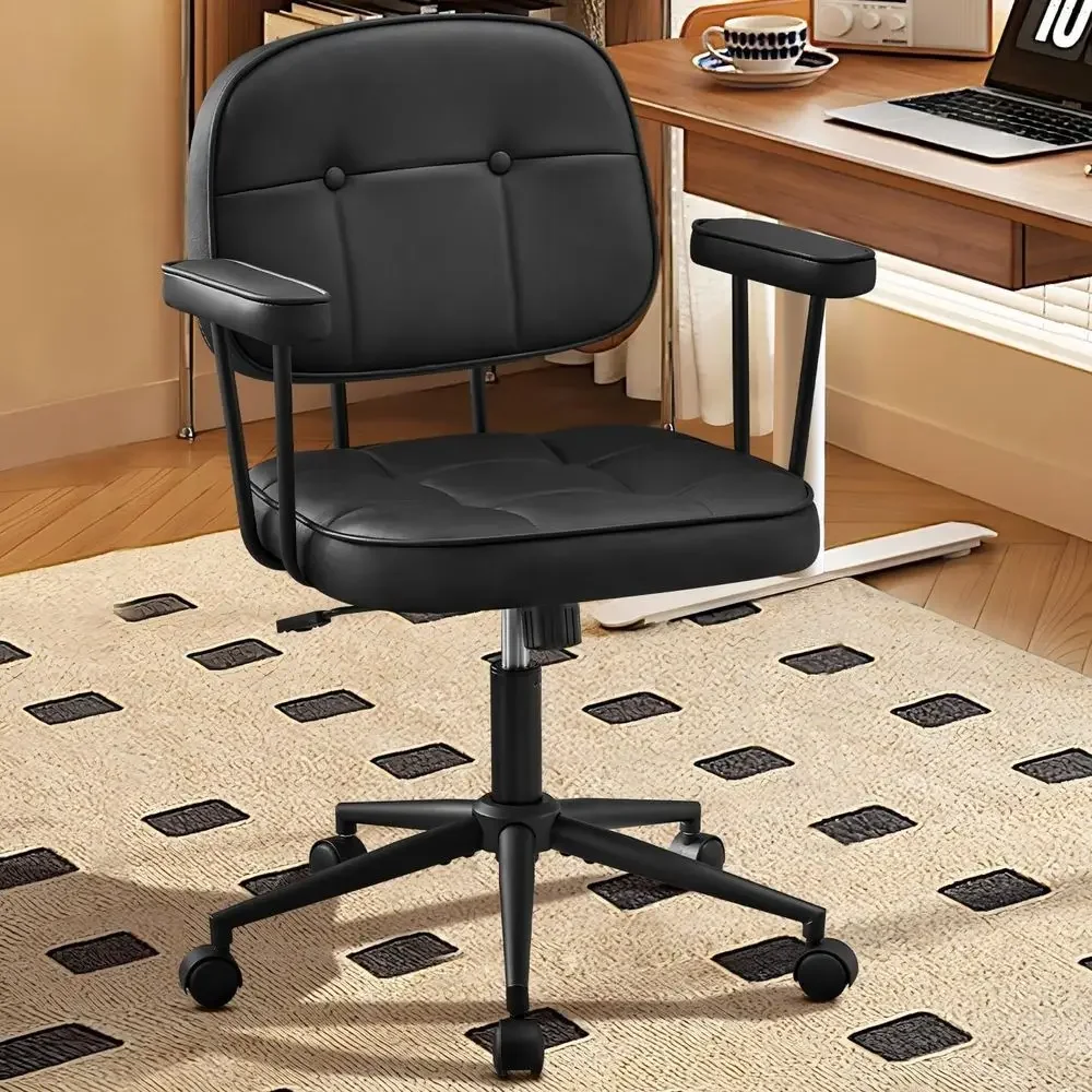 Black Leather Swivel Desk Chair with Lumbar Support, Adjustable Height and Wheels
Black Leather Swivel Desk Chair with Lumbar Support, Adjustable Height and Wheels