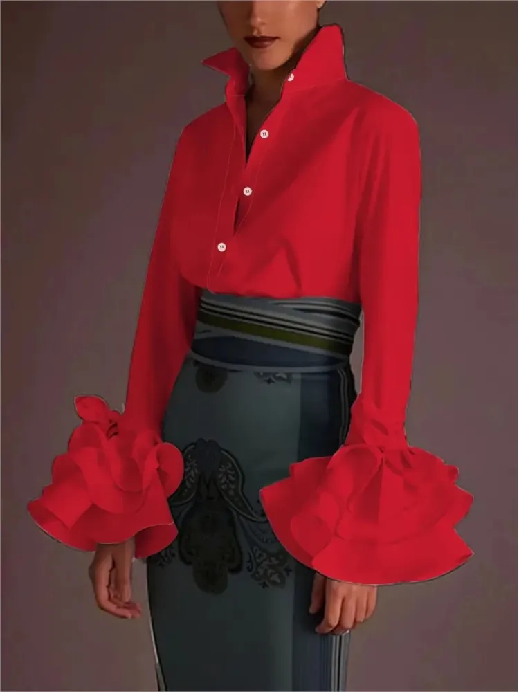 Design Fashion Lapel Long Sleeve Single-breasted Shirt Top ForWomen Elegant Solid Color Spliced Lace Sleeves Office Ladies Shirt
Design Fashion Lapel Long Sleeve Single-breasted Shirt Top ForWomen Elegant Solid Color Spliced Lace Sleeves Office Ladies Shirt