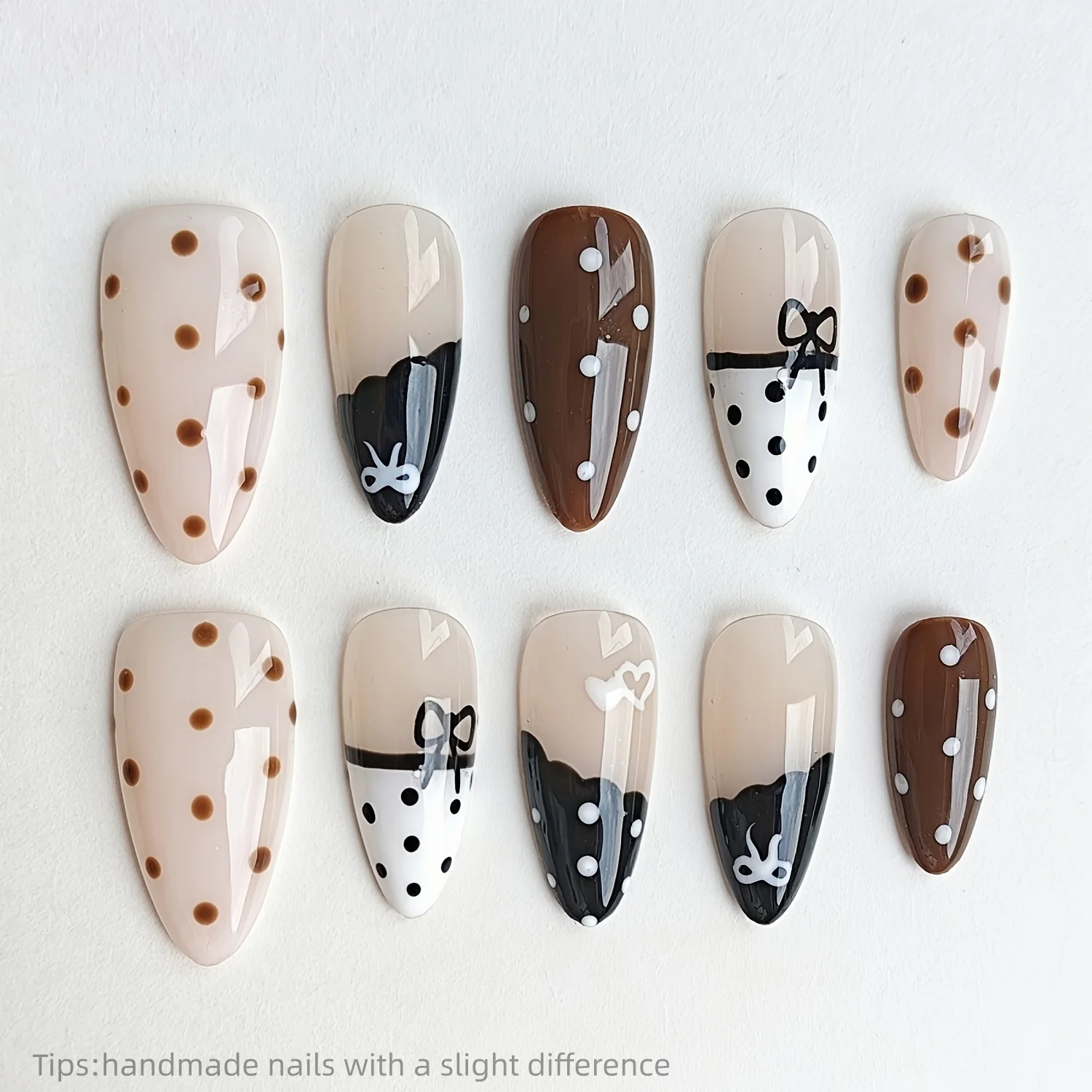 10pcs Handmade Nude Brown Black Polka Dot Bow Press On Nails Almond Long Sweet Cute Fake Nails Black White Decor False Nail
10pcs Handmade Nude Brown Black Polka Dot Bow Press On Nails Almond Long Sweet Cute Fake Nails Black White Decor False Nail