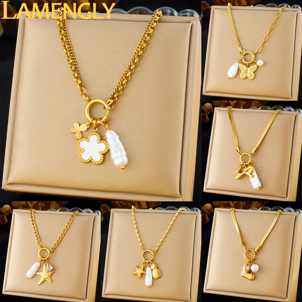 LAMENGLY 316L Stainless Steel Glamorous 5-Leaf Flower Heart Bow Starfish Pearl Shell Pendant Necklace Women Elegant Neck Chain
LAMENGLY 316L Stainless Steel Glamorous 5-Leaf Flower Heart Bow Starfish Pearl Shell Pendant Necklace Women Elegant Neck Chain
