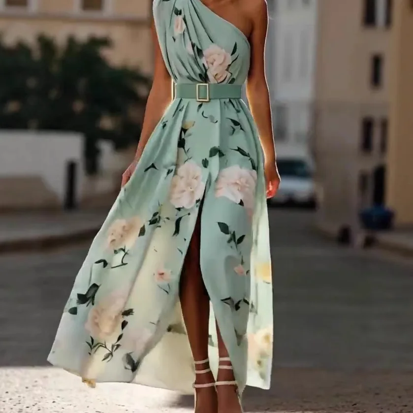 2025 New Arrival Women's Asymmetric Shoulder Sleeveless Dress Digital Floral Print Belted High Waist Elegant Long Maxi Dress
2025 New Arrival Women's Asymmetric Shoulder Sleeveless Dress Digital Floral Print Belted High Waist Elegant Long Maxi Dress