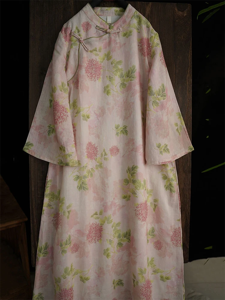 Retro Style Loose Long Tunic Dress Women's Cotton Linen Gown Pink Peony Stand Collar Traditional Chinese Costume
Retro Style Loose Long Tunic Dress Women's Cotton Linen Gown Pink Peony Stand Collar Traditional Chinese Costume