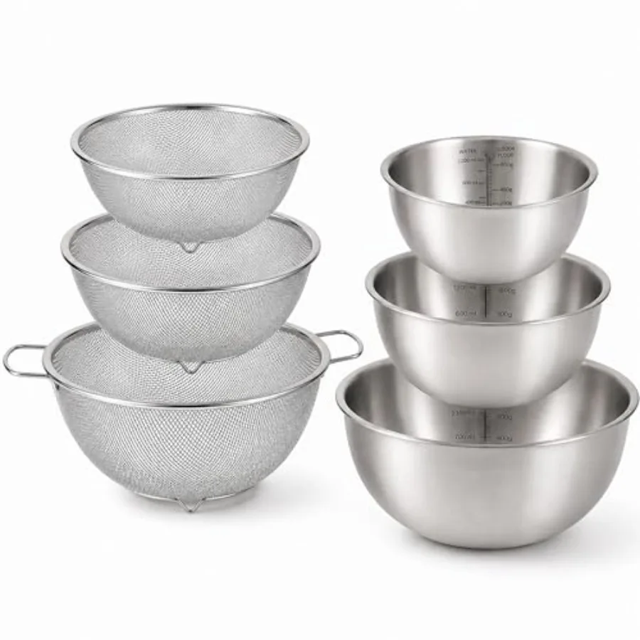 SUS304 stainless steel colander and bowl set: 3 nesting mixing bowls 1.5QT, 2QT, 3.5QT + 3 fine mesh strainers, silver, corrosi
SUS304 stainless steel colander and bowl set: 3 nesting mixing bowls 1.5QT, 2QT, 3.5QT + 3 fine mesh strainers, silver, corrosi