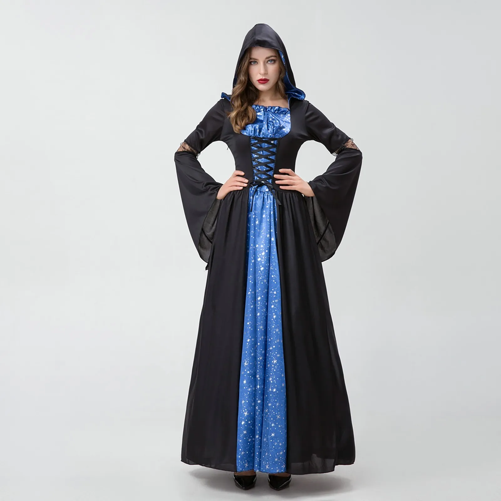 Medieval A-line Dress For Women Lace-up Vintage Hooded Cloak Robe Costume Retro Cosplay Halloween Cosplay Costume Long Dress 
Medieval A-line Dress For Women Lace-up Vintage Hooded Cloak Robe Costume Retro Cosplay Halloween Cosplay Costume Long Dress