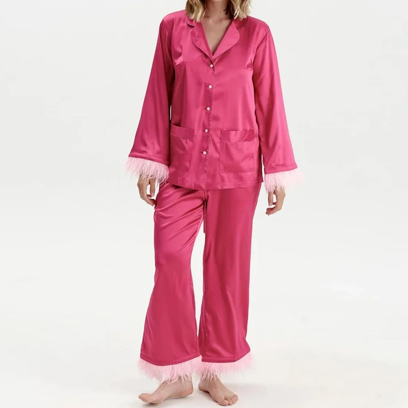 Женский атласный пижамный комплект с отделкой из перьев, блузка на пуговицах с длинными рукавами, рубашка и брюки, комплект из 2 предметов, свадебная шелковая одежда для сна
Женский атласный пижамный комплект с отделкой из перьев, блузка на пуговицах с длинными рукавами, рубашка и брюки, комплект из 2 предметов, свадебная шелковая одежда для сна