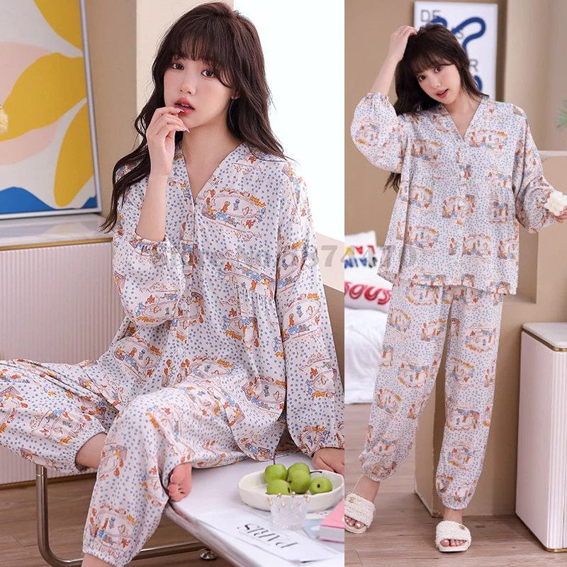 Spring Women's Pajamas Suit Button Cardigan Printed Long-Sleeved Trousers 2PCS Loungewear Sexy V-Neck Loose Casual Home Clothes
Spring Women's Pajamas Suit Button Cardigan Printed Long-Sleeved Trousers 2PCS Loungewear Sexy V-Neck Loose Casual Home Clothes