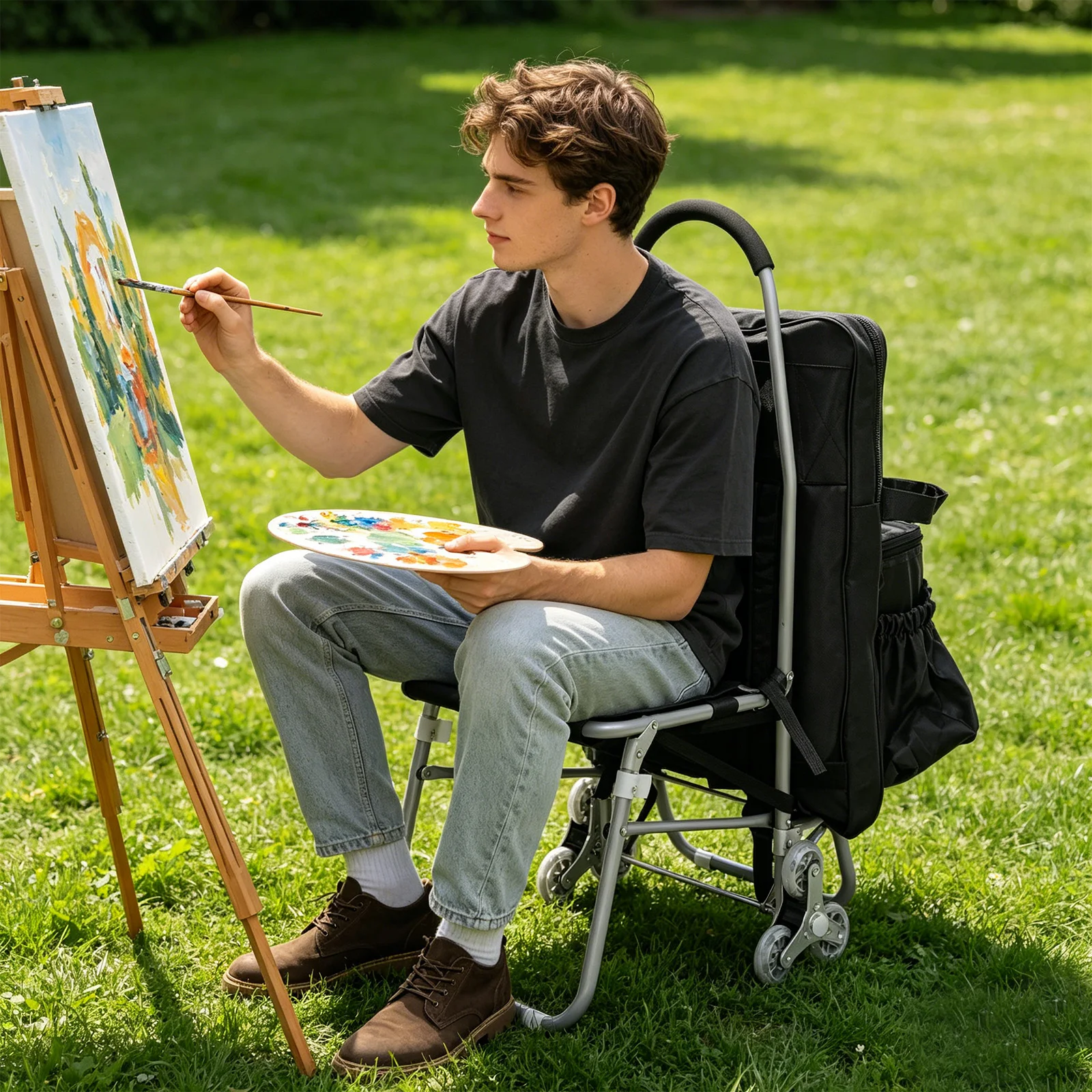 Trolley Type Painting Box for Sketching, Portable Outdoor Art Student Sketching Easel Trolley Cart Can Sit, Storage Stool for Painting Tools, Folding Wheeled Portable Rolling Chair/Art Cart, Black
Trolley Type Painting Box for Sketching, Portable Outdoor Art Student Sketching Easel Trolley Cart Can Sit, Storage Stool for Painting Tools, Folding Wheeled Portable Rolling Chair/Art Cart, Black