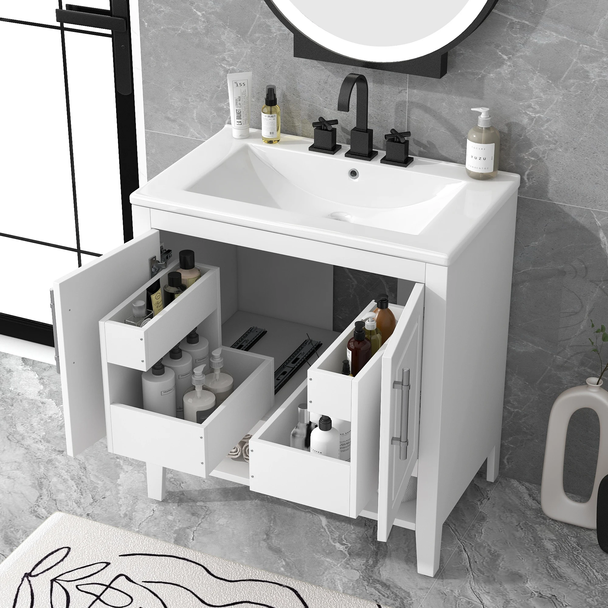 30" Bathroom Vanity with Sink, Multi-functional Bathroom Cabinet with Doors and Drawers, Solid Frame and MDF Board, White
30" Bathroom Vanity with Sink, Multi-functional Bathroom Cabinet with Doors and Drawers, Solid Frame and MDF Board, White
