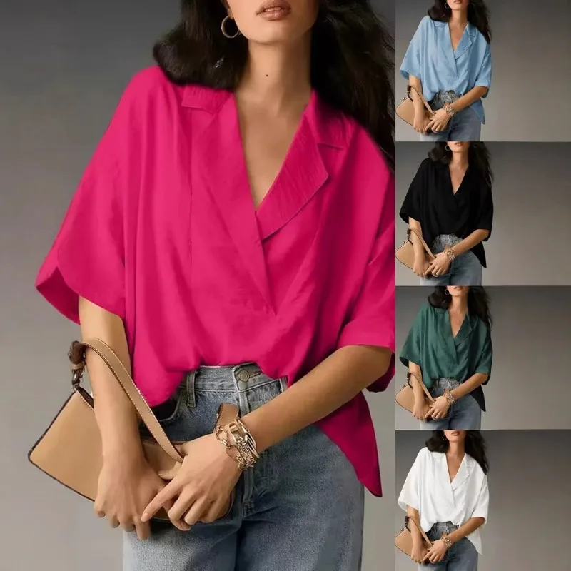 New Summer Women's Short-sleeved Lapel Casual Loose Top and A Stylish Solid-color V-neck Shirt
New Summer Women's Short-sleeved Lapel Casual Loose Top and A Stylish Solid-color V-neck Shirt