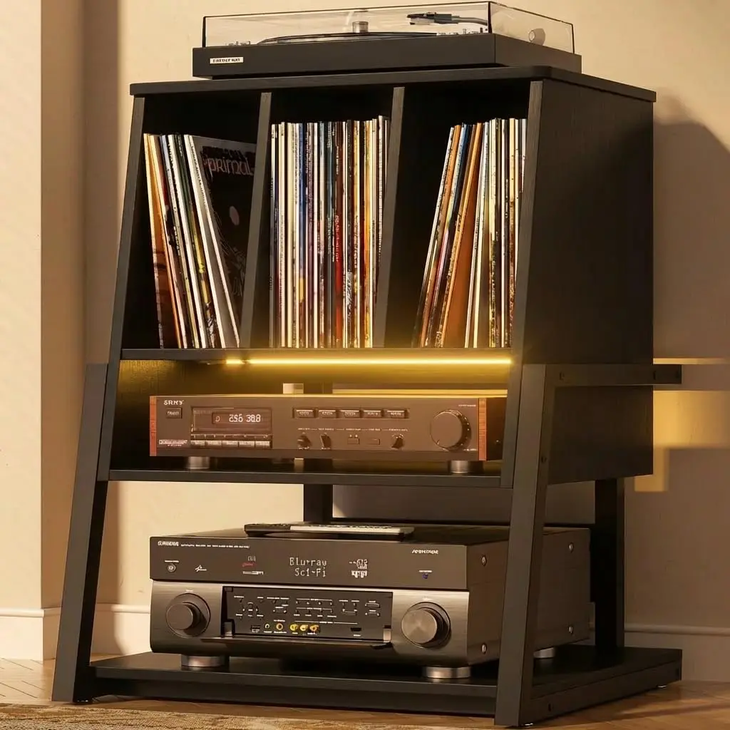 3-Tier Vinyl Record Storage Cabinet with Power Outlet & LED, Holds 200+ Albums, Modern End Table for Small Spaces
3-Tier Vinyl Record Storage Cabinet with Power Outlet & LED, Holds 200+ Albums, Modern End Table for Small Spaces