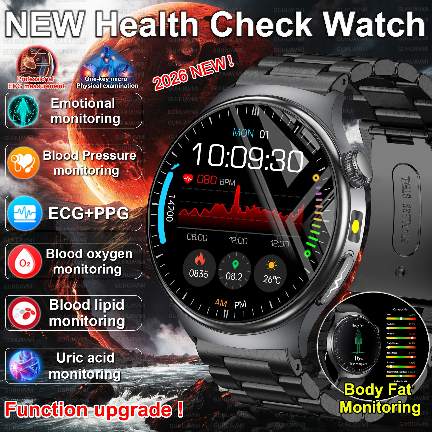 2026 New upgrade Health Check Smart Watch ECG Blood Lipid Uric Acid Body Fat BP Sport Waterproof HD Call Smart Watch Man Women
2026 New upgrade Health Check Smart Watch ECG Blood Lipid Uric Acid Body Fat BP Sport Waterproof HD Call Smart Watch Man Women