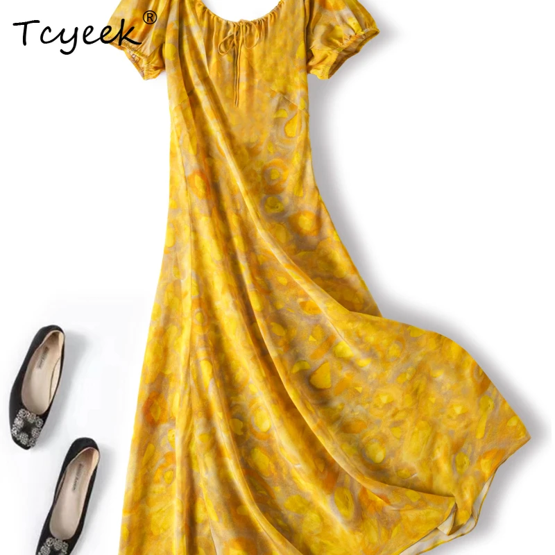 Tcyeek 100% Mulberry Silk Summer Thin Round Neck A-line Leading Leaf Yellow Short Sleeved Long Woman Dresses Sommerkleid Damen
Tcyeek 100% Mulberry Silk Summer Thin Round Neck A-line Leading Leaf Yellow Short Sleeved Long Woman Dresses Sommerkleid Damen