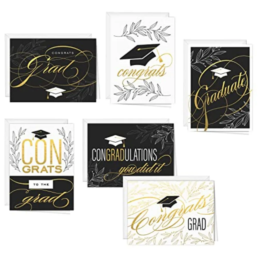 Graduation Hat Card Set/ 12 Cards With White Envelopes/ 4 5/8" x 6 1/4" Folded School Graduate Cards/ 6 Black White And Faux Go
Graduation Hat Card Set/ 12 Cards With White Envelopes/ 4 5/8" x 6 1/4" Folded School Graduate Cards/ 6 Black White And Faux Go