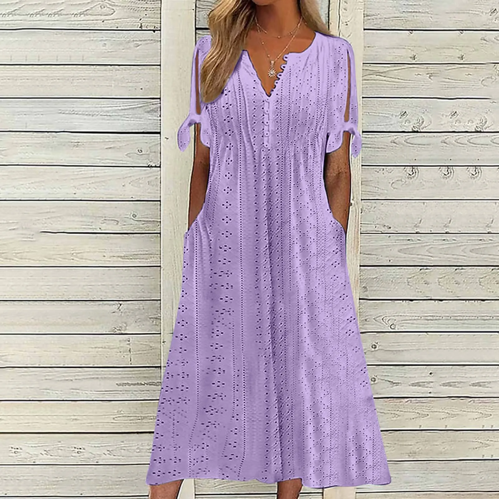 Women's Casual Hollow Out Long Dress Summer V-Neck Short Sleeve Maxi Dress Ladies Solid Color A-Line Pockets Beach Dresses
Women's Casual Hollow Out Long Dress Summer V-Neck Short Sleeve Maxi Dress Ladies Solid Color A-Line Pockets Beach Dresses