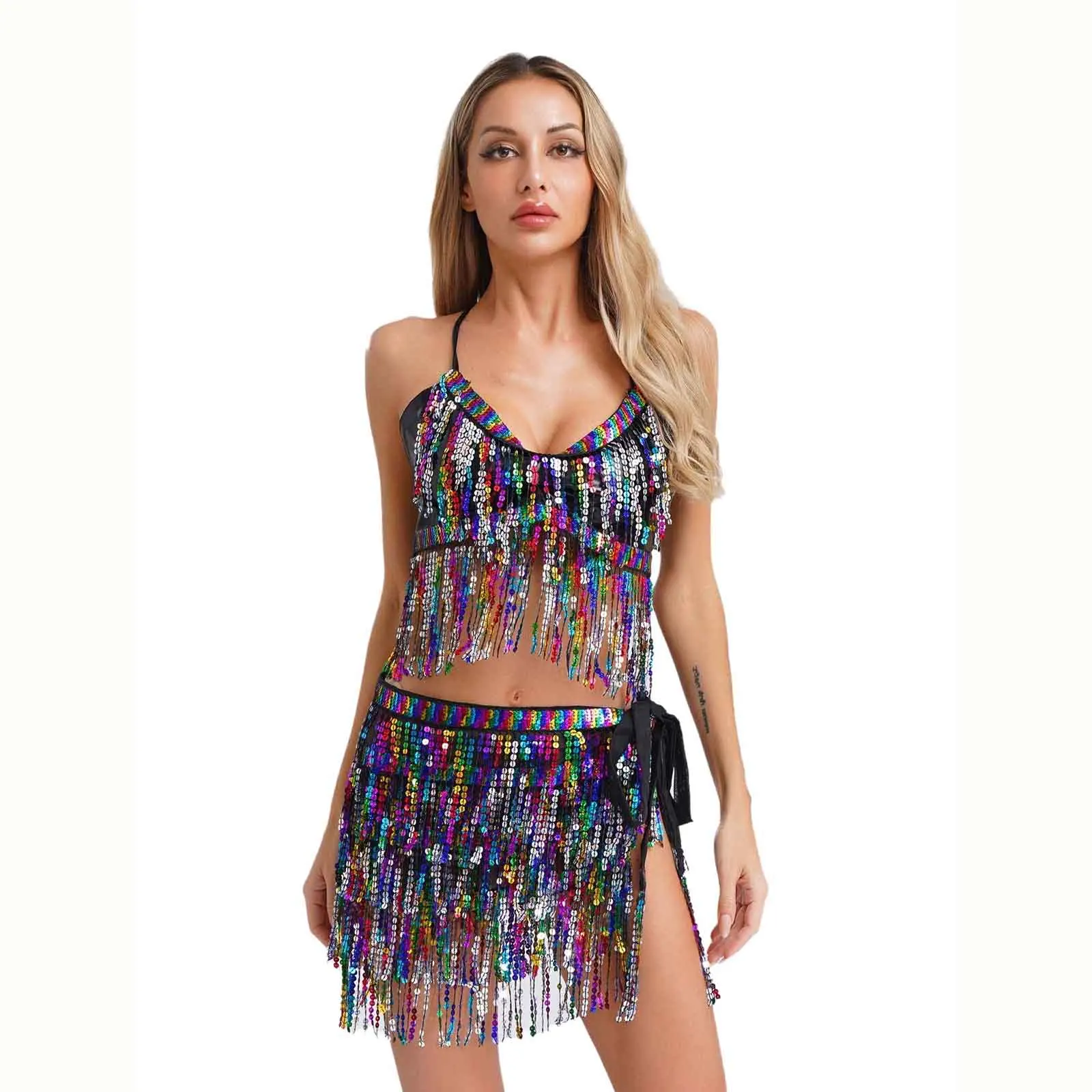 Women Belly Dance Outfit Halter Tie Up Bra Tops with Hip Scarf Set for Belly Cha-Cha Samba Tassels Dance Performance Costume
Women Belly Dance Outfit Halter Tie Up Bra Tops with Hip Scarf Set for Belly Cha-Cha Samba Tassels Dance Performance Costume