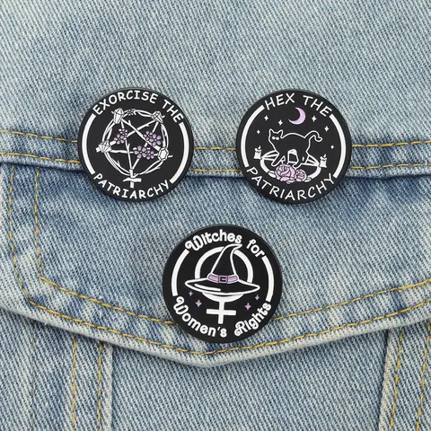 Witchy Feminist Enamel Pins Exorcise The Patriarchy Brooches Lapel Badges Punk Gothic Jewelry Gift for Friends