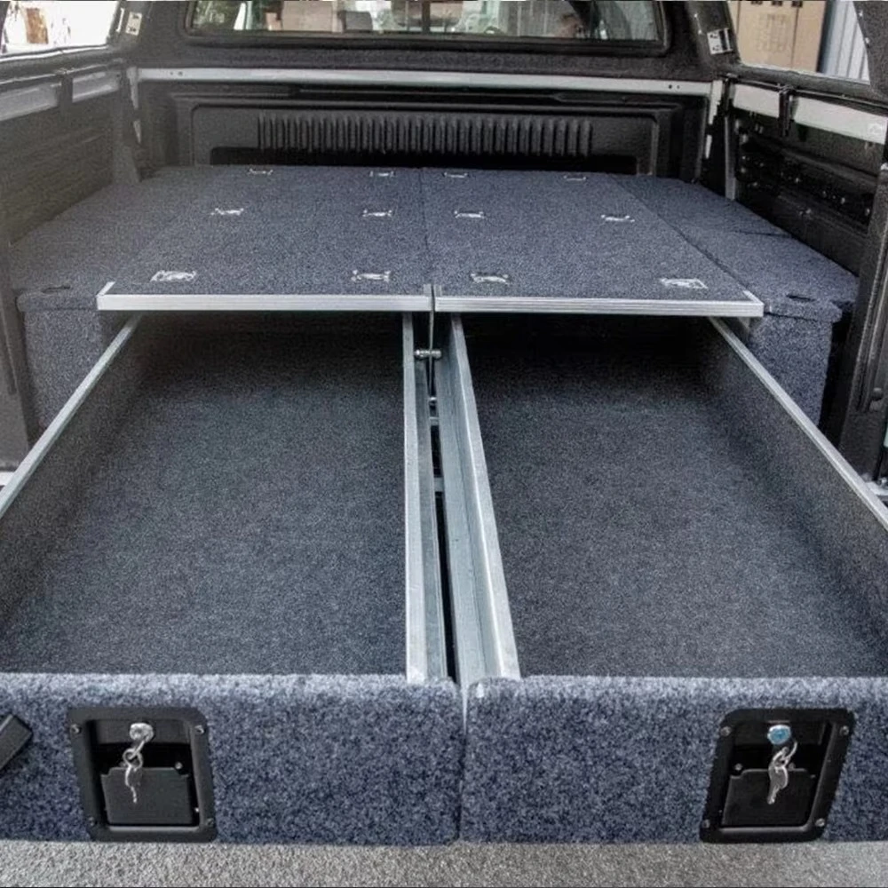 Car Trunk Storage Drawer System for Pickup Truck Traveling Lightweight Cargo Tool Chest Box Twin Drawers with 2 Frideger Slider
Car Trunk Storage Drawer System for Pickup Truck Traveling Lightweight Cargo Tool Chest Box Twin Drawers with 2 Frideger Slider