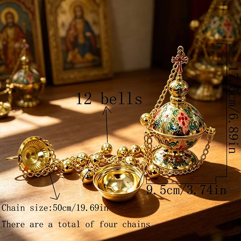 Gold Plated Orthodox Thurible Incense Burner with Enamel & Bells, Perfect Religious Gift for Priest Church Altar Home Use Decor
Gold Plated Orthodox Thurible Incense Burner with Enamel & Bells, Perfect Religious Gift for Priest Church Altar Home Use Decor