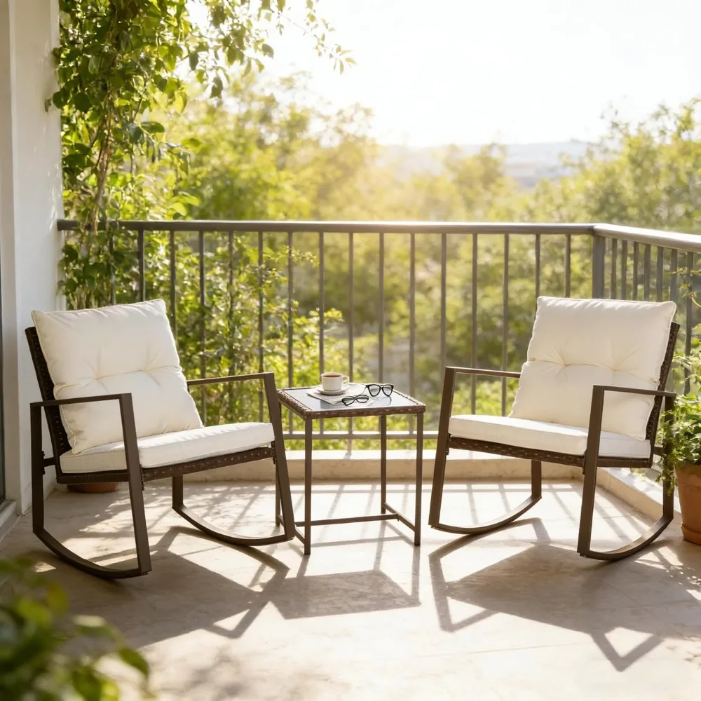 3-Piece Patio Bistro Set Outdoor Rocking Chairs Set Brown Wicker Porch Chairs with Glass Coffee Tables, Customized
3-Piece Patio Bistro Set Outdoor Rocking Chairs Set Brown Wicker Porch Chairs with Glass Coffee Tables, Customized