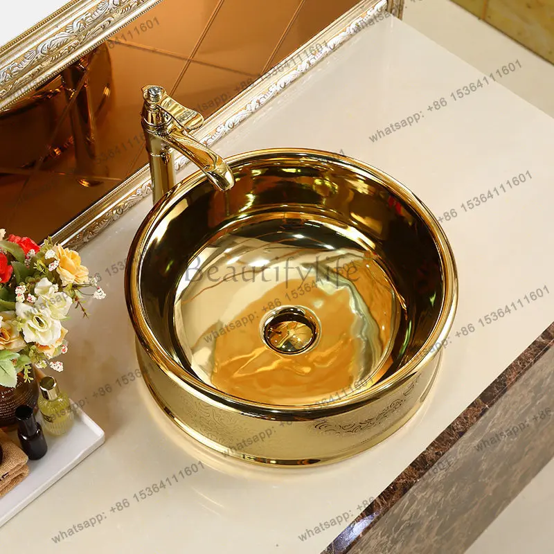 European style gold table wash basin, ceramic art gold round wash basin
European style gold table wash basin, ceramic art gold round wash basin