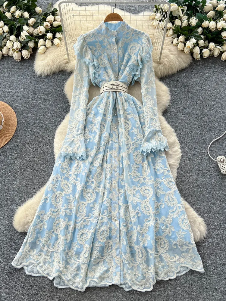 Elegant Heavy Embroidery Lace Ear Trumpet Splicing Belted Single Button Full Skirt Dress Luxury A-Line Summer Women's Dress
Elegant Heavy Embroidery Lace Ear Trumpet Splicing Belted Single Button Full Skirt Dress Luxury A-Line Summer Women's Dress