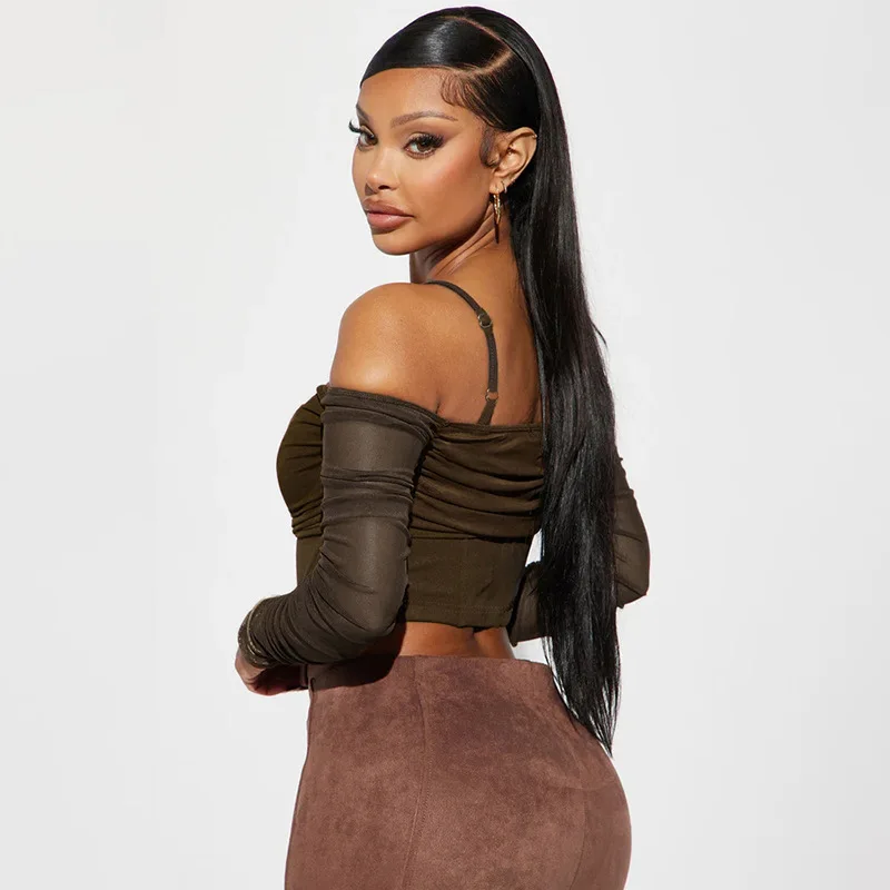 Сексуальная перспективная сетчатая футболка на одно плечо, нерегулярный короткий стиль, искусственный топ из двух частей с длинными рукавами и ремешком
Сексуальная перспективная сетчатая футболка на одно плечо, нерегулярный короткий стиль, искусственный топ из двух частей с длинными рукавами и ремешком