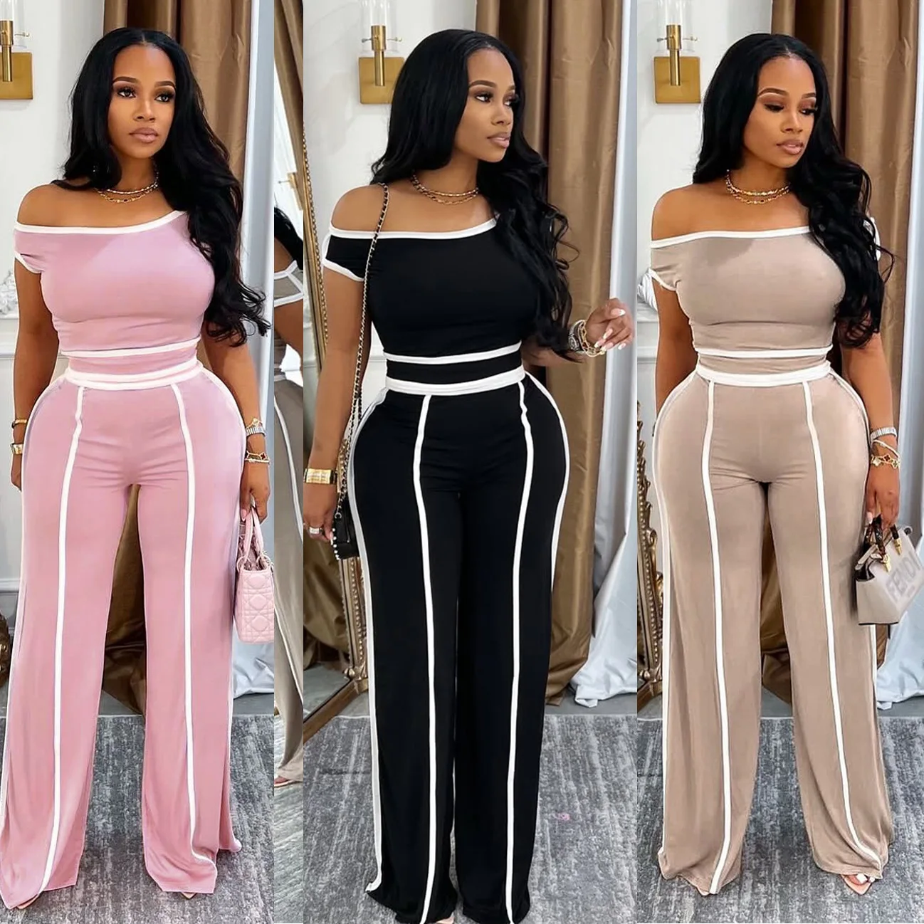 Pant Set Women Two Piece Sets Oblique Shoulder Short Sleeve Y2k Tops Wide Leg Long Pants High Tight Waist Elegant Streetwear
Pant Set Women Two Piece Sets Oblique Shoulder Short Sleeve Y2k Tops Wide Leg Long Pants High Tight Waist Elegant Streetwear