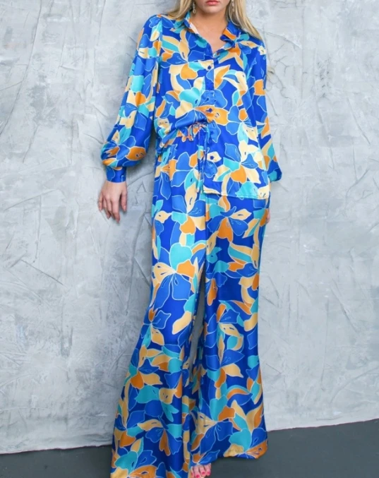 Women's Two-piece Casual Fashion Spring Printed Bubble Long Sleeved Shirt Top and High Waisted Drawstring Wide Leg Pants Set
Women's Two-piece Casual Fashion Spring Printed Bubble Long Sleeved Shirt Top and High Waisted Drawstring Wide Leg Pants Set