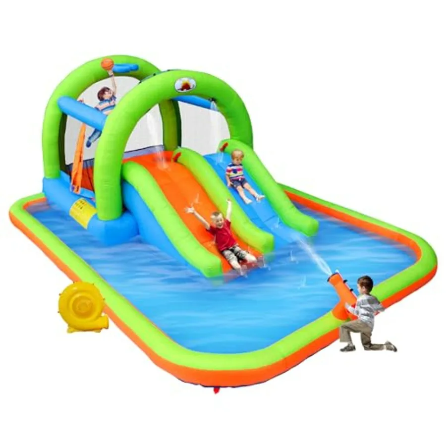 Outdoor inflatable 2-in-1 water slide bouncy castle with blower, PVC blue/red, dual-slide basketball ring, supports 3 kids simu
Outdoor inflatable 2-in-1 water slide bouncy castle with blower, PVC blue/red, dual-slide basketball ring, supports 3 kids simu