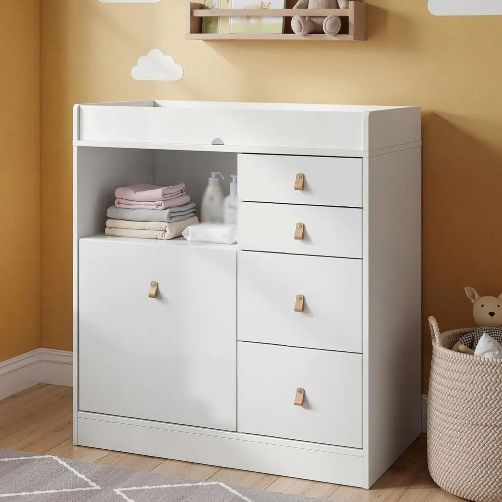 White Nursery Change Table with Storage Shelves and Diaper Changing Station for Kids' Bedroom
White Nursery Change Table with Storage Shelves and Diaper Changing Station for Kids' Bedroom