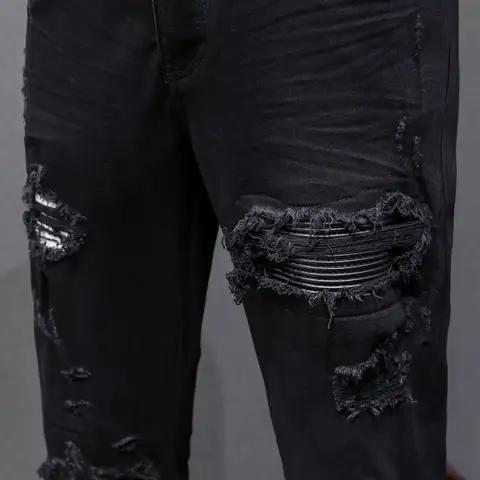 Y2K American designer high street fashion new men's black jeans stretch slim fit retro washed leather patch jeans hip-h