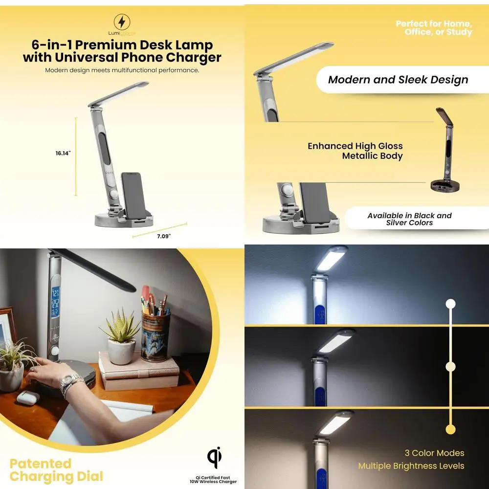 Dimmable LED Desk Lamp with 10W Qi Wireless Charger, Charging Dock, Motion Sensor, Calendar, Alarm, and USB Port
Dimmable LED Desk Lamp with 10W Qi Wireless Charger, Charging Dock, Motion Sensor, Calendar, Alarm, and USB Port