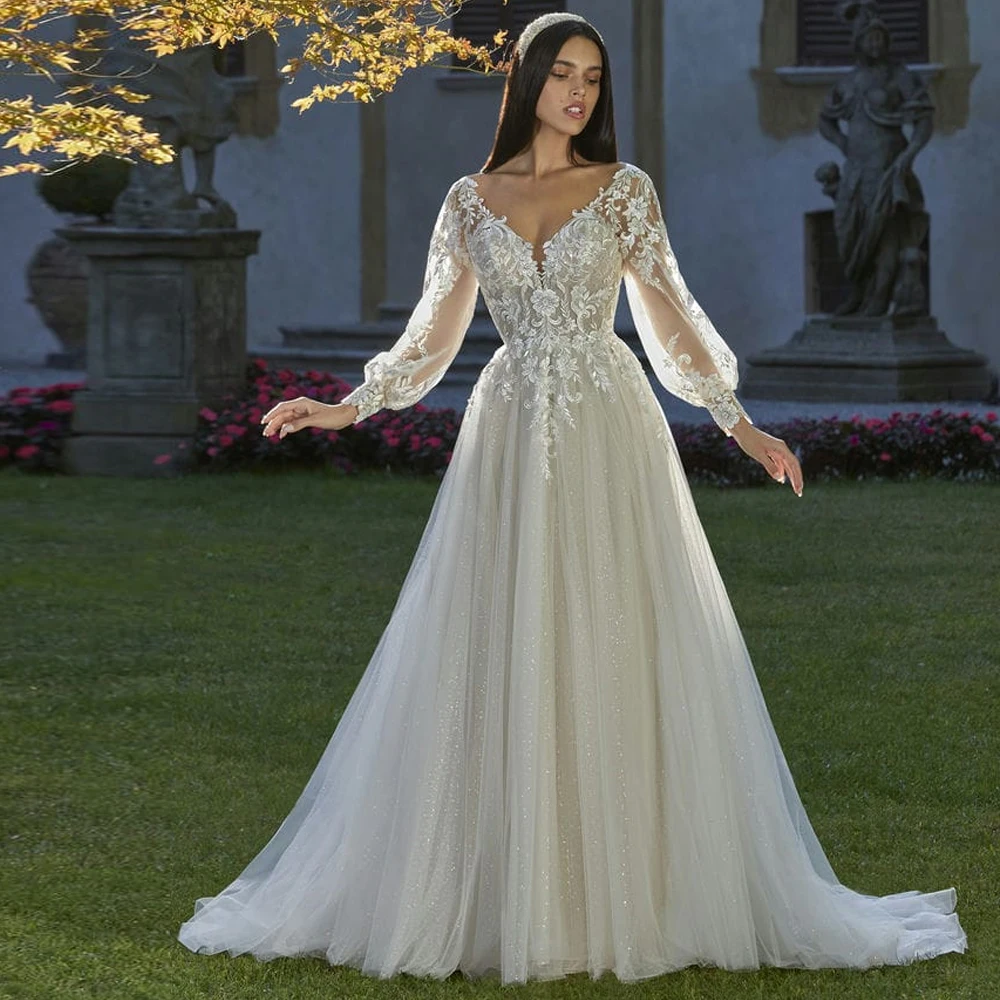 Customized V Neck Wedding Dresses Full Puff Sleeves Button Bridal Growns Applique Lace Zipper Back Floor Length Vestido de novia
Customized V Neck Wedding Dresses Full Puff Sleeves Button Bridal Growns Applique Lace Zipper Back Floor Length Vestido de novia