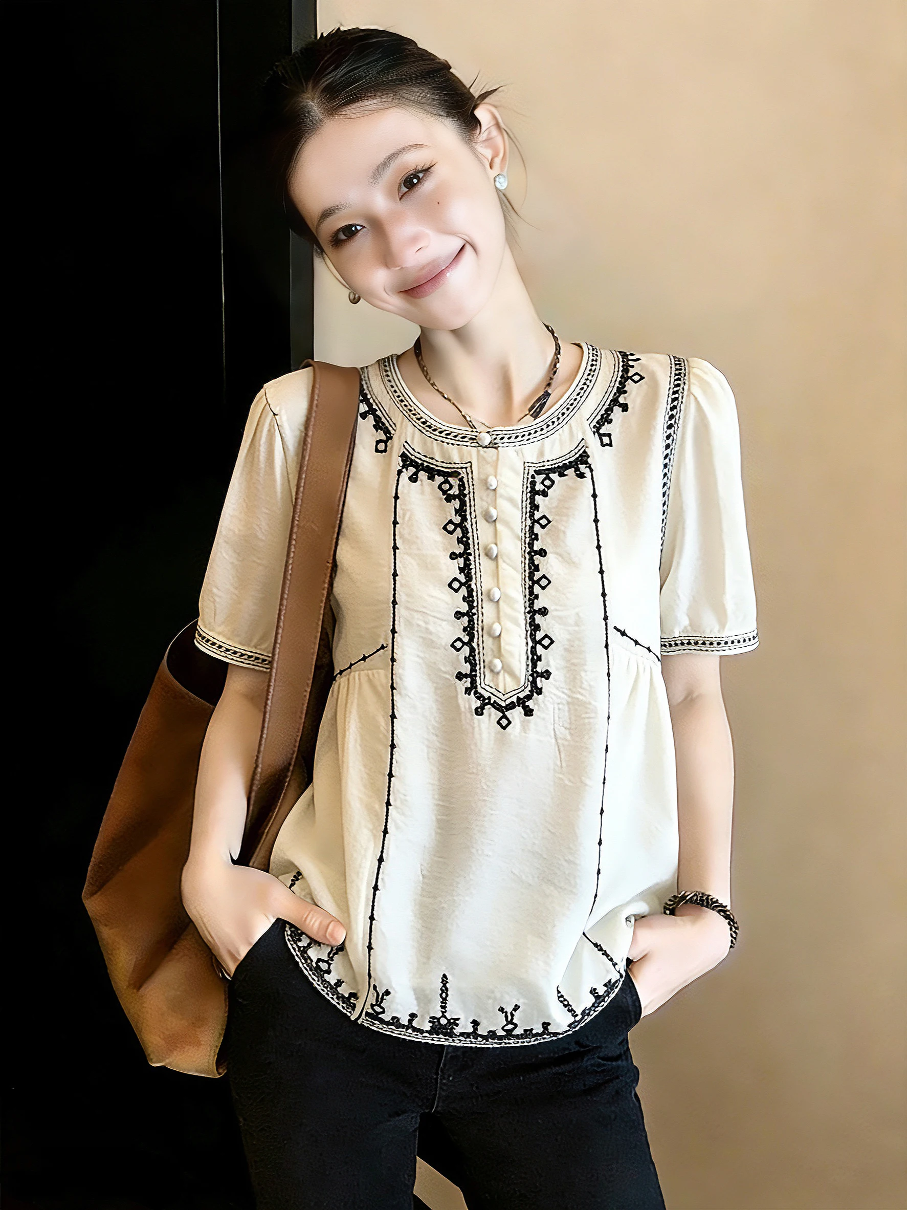 Bohemian Ethnic Style Embroidered Short Sleeve Women's Shirt Summer 2026 Big Size Puffy Doll Top Korean Loose Fit round Neck
Bohemian Ethnic Style Embroidered Short Sleeve Women's Shirt Summer 2026 Big Size Puffy Doll Top Korean Loose Fit round Neck