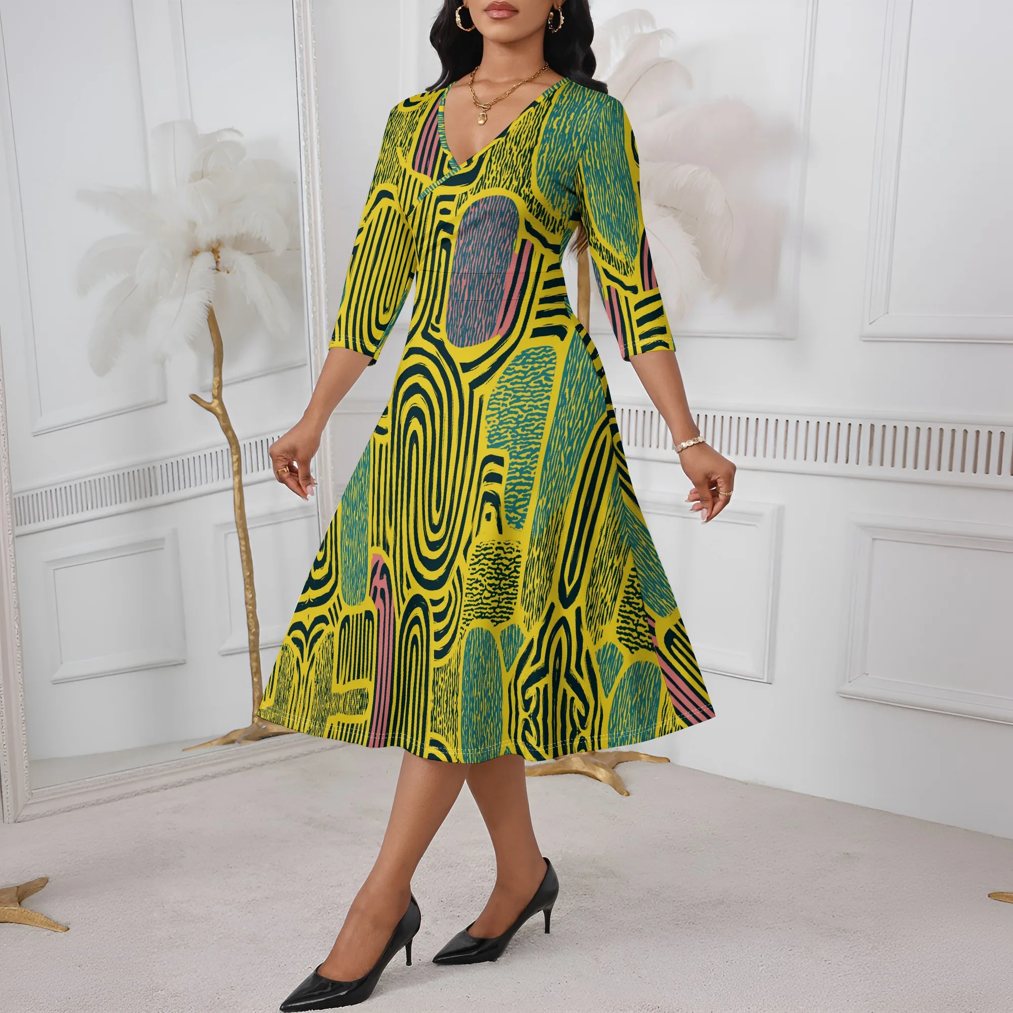 Women's African Print Midi Dress Summer Ethnic A-Line Party Dress XS-3XL V-Neck Half Sleeve High Waist Vintage Flare Dress
Women's African Print Midi Dress Summer Ethnic A-Line Party Dress XS-3XL V-Neck Half Sleeve High Waist Vintage Flare Dress