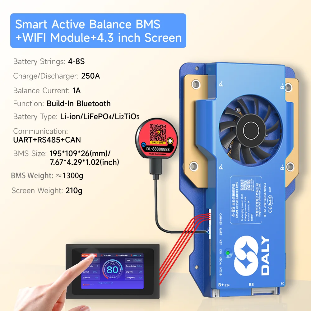 DALYBMS LFP 16S 250A Smart BMS with WIFI 4S 12V 8S 24V 1A Active Balance 4.3in LCD Display lifepo4 lithium ion battery RS485 CAN
DALYBMS LFP 16S 250A Smart BMS with WIFI 4S 12V 8S 24V 1A Active Balance 4.3in LCD Display lifepo4 lithium ion battery RS485 CAN